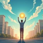 Ember a városban napfelkeltével, karrierépítés szimbóluma