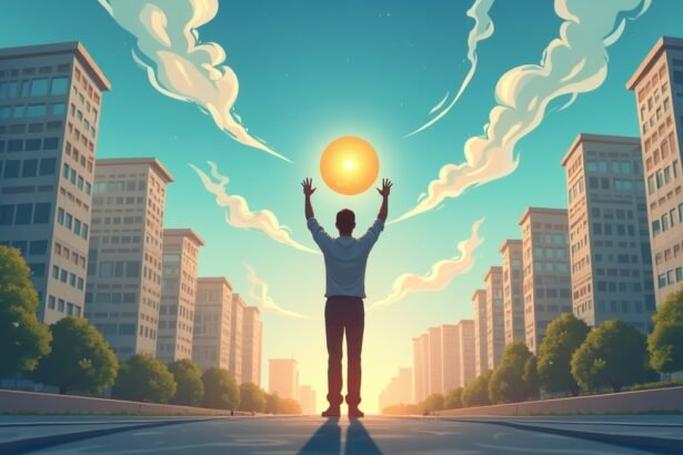 Ember a városban napfelkeltével, karrierépítés szimbóluma