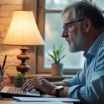 Idős férfi számítógépen dolgozik otthoni irodájában.