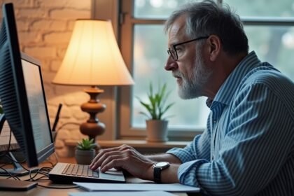 Idős férfi számítógépen dolgozik otthoni irodájában.