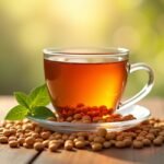 Ashwagandha tea in a glass cup on a wooden table with seeds