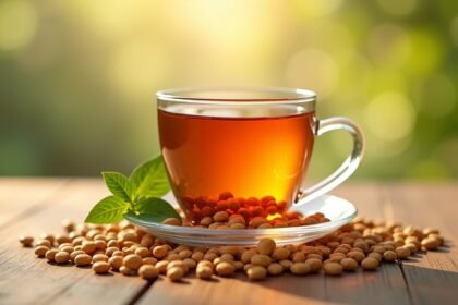 Ashwagandha tea in a glass cup on a wooden table with seeds