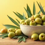 Friss olajbogyók zöld levelekkel, tálban, vidám háttérrel.