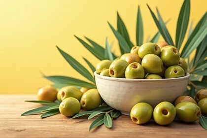 Friss olajbogyók zöld levelekkel, tálban, vidám háttérrel.