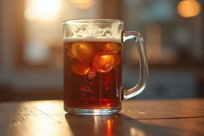 Friss kóla egy pohárban, jégkockákkal, napfényes háttérben