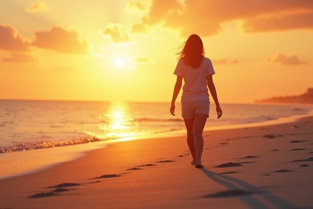 Nő sétál a tengerparton naplementében, nyári hőségben.