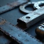 Ékszíj és ipari alkatrészek közelről, rozsdás felülettel