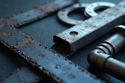 Ékszíj és ipari alkatrészek közelről, rozsdás felülettel