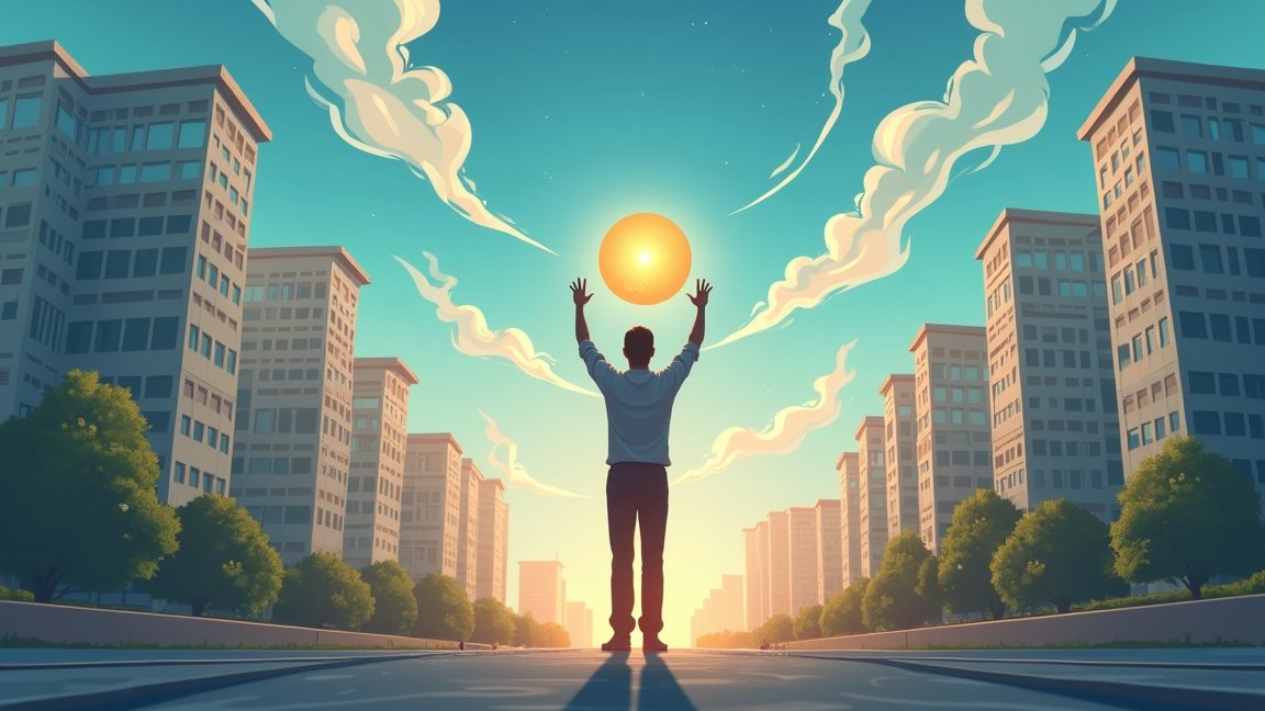 Ember a városban napfelkeltével, karrierépítés szimbóluma
