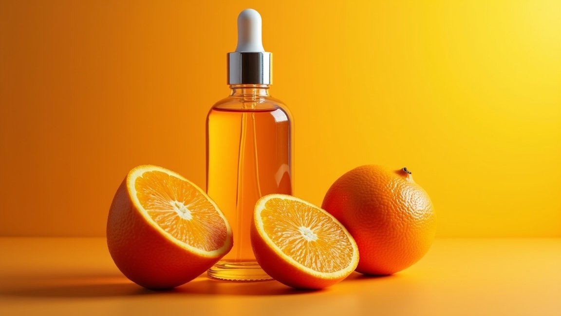 Vadnarancs olaj üveg és friss narancsok egy élénk háttér előtt