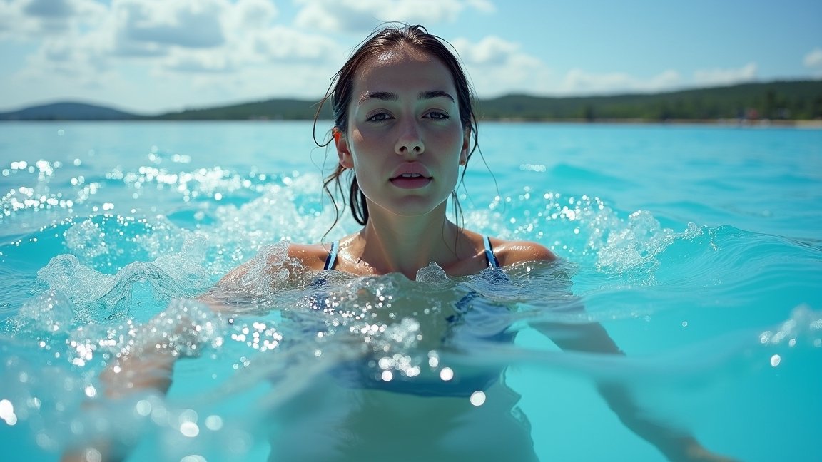 Nő úszik a hideg vízben, élvezi a természetet és a regenerációt
