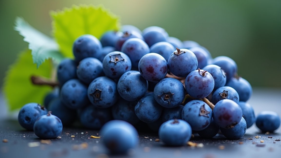 Friss kék szőlő fürtök, gazdag antioxidánsokban és tápanyagokban.