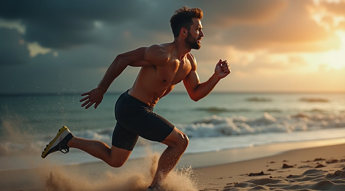 Férfi futás közben a tengerparton naplementében
