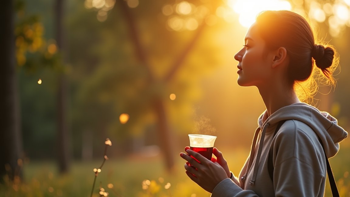 Nő tea fogyasztása közben naplementében, természetes háttérrel.