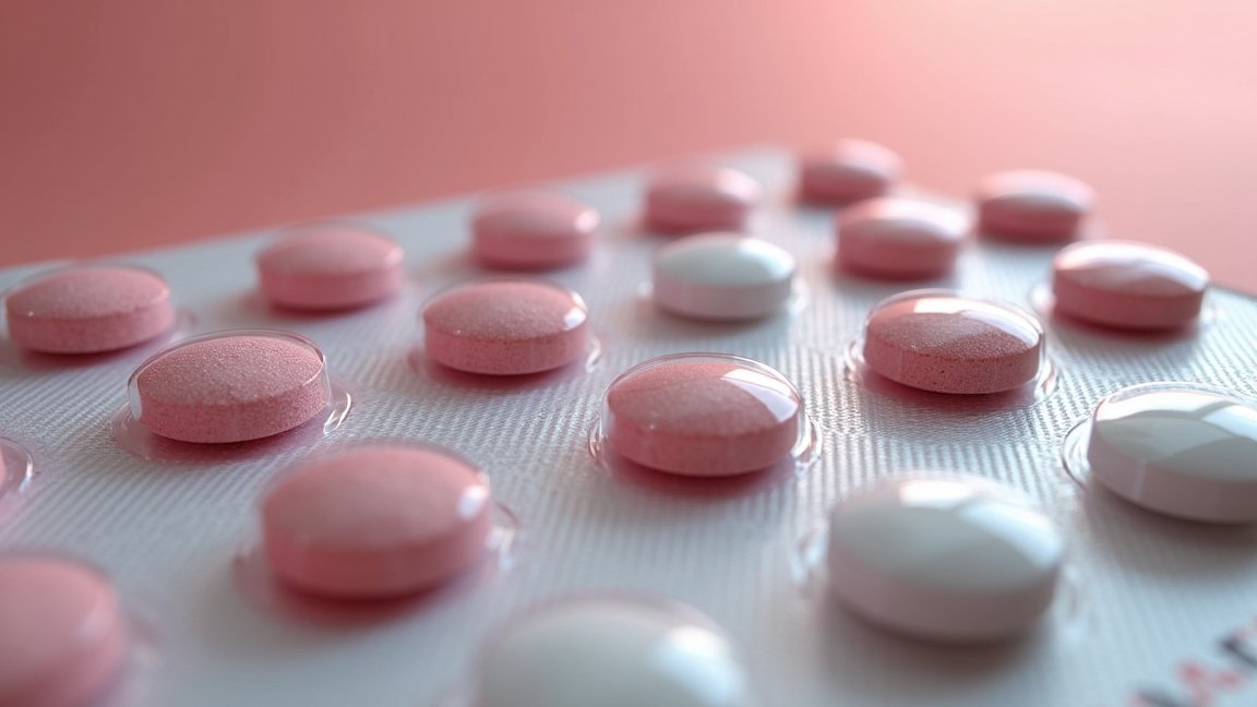 Rózsaszín és fehér tabletták egy blisztercsomagolásban.