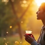 Nő tea fogyasztása közben naplementében, természetes háttérrel.