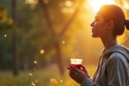 Nő tea fogyasztása közben naplementében, természetes háttérrel.