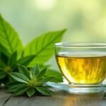 Frissen készített jázmin zöld tea csészében zöld levelekkel.