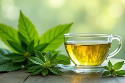 Frissen készített jázmin zöld tea csészében zöld levelekkel.