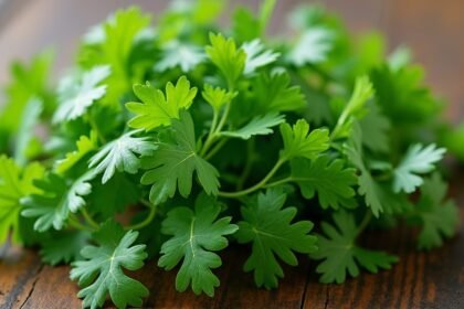 Friss koriander levelek egy fából készült asztalon