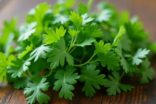 Friss koriander levelek egy fából készült asztalon