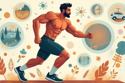 Férfi sportoló futás közben, izmos testalkattal és természetes háttérrel.