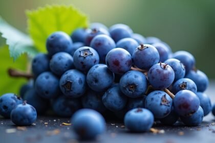 Friss kék szőlő fürtök, gazdag antioxidánsokban és tápanyagokban.