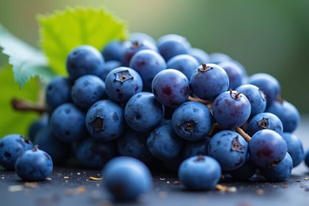 Friss kék szőlő fürtök, gazdag antioxidánsokban és tápanyagokban.
