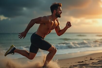 Férfi futás közben a tengerparton naplementében