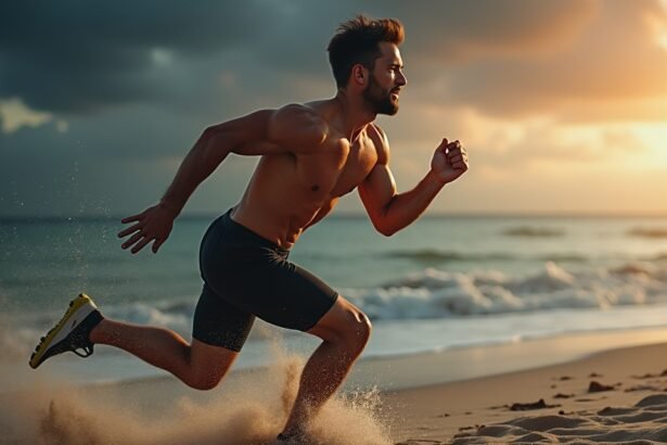 Férfi futás közben a tengerparton naplementében