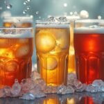 Szénsavas üdítők jégbe tett poharakban, egészségügyi kockázatokkal kapcsolatos téma.