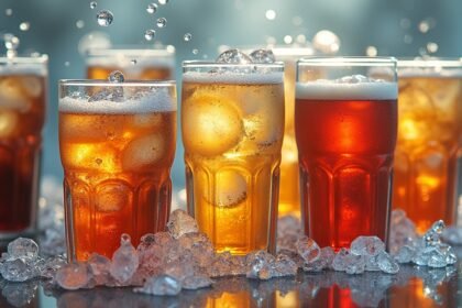 Szénsavas üdítők jégbe tett poharakban, egészségügyi kockázatokkal kapcsolatos téma.