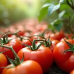 Friss paradicsomok a kertben, zöld növények között.