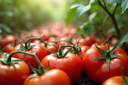 Friss paradicsomok a kertben, zöld növények között.