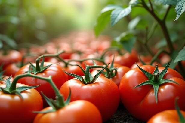 Friss paradicsomok a kertben, zöld növények között.