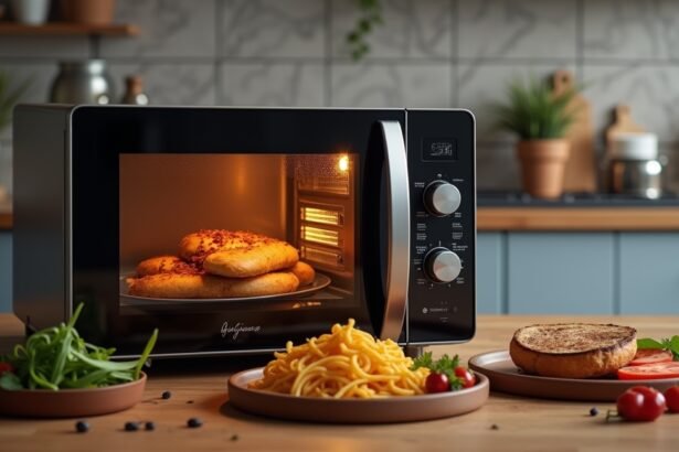Mikrohullámú sütő, ételmelegítés és gyors főzés a konyhában.
