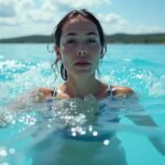 Nő úszik a hideg vízben, élvezi a természetet és a regenerációt