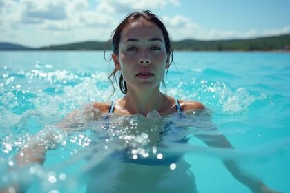 Nő úszik a hideg vízben, élvezi a természetet és a regenerációt