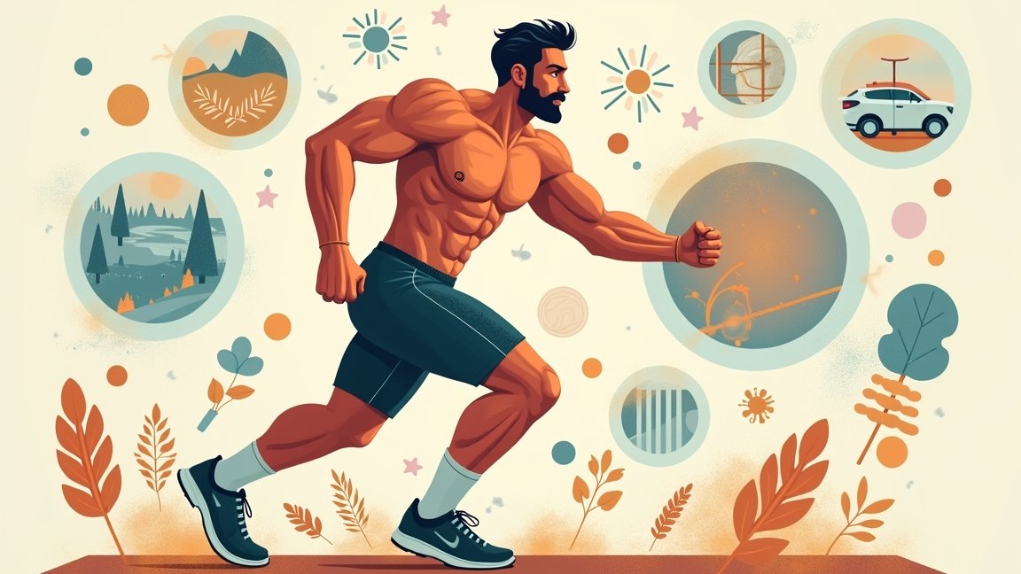 Férfi sportoló futás közben, izmos testalkattal és természetes háttérrel.