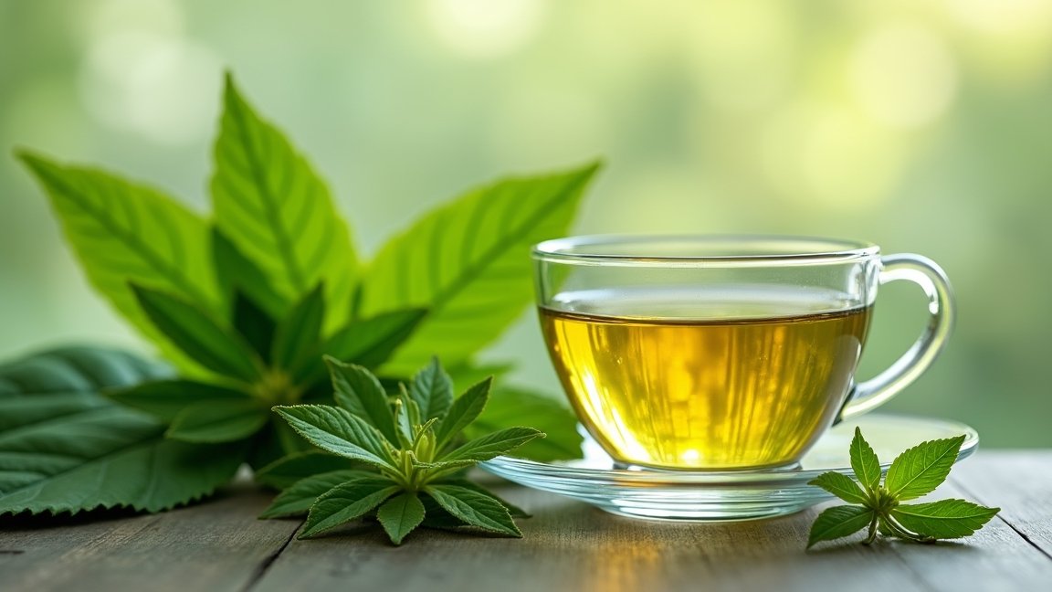 Frissen készített jázmin zöld tea csészében zöld levelekkel.