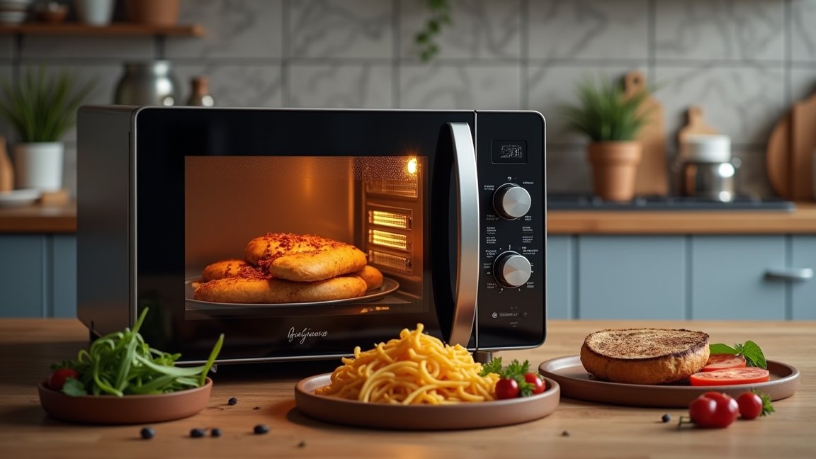 Mikrohullámú sütő, ételmelegítés és gyors főzés a konyhában.