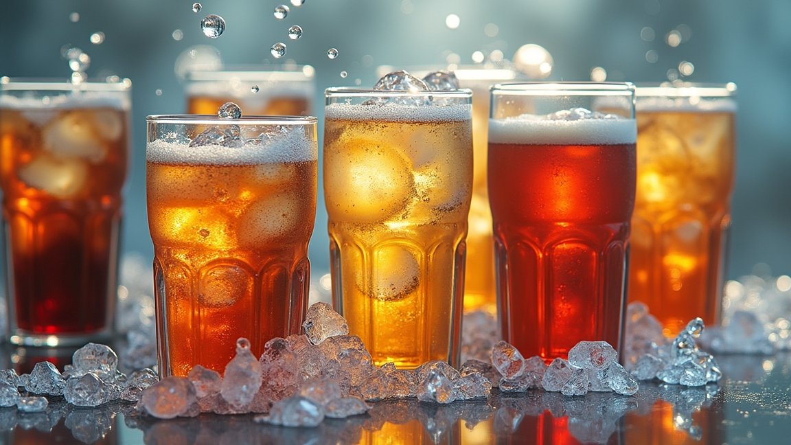 Szénsavas üdítők jégbe tett poharakban, egészségügyi kockázatokkal kapcsolatos téma.
