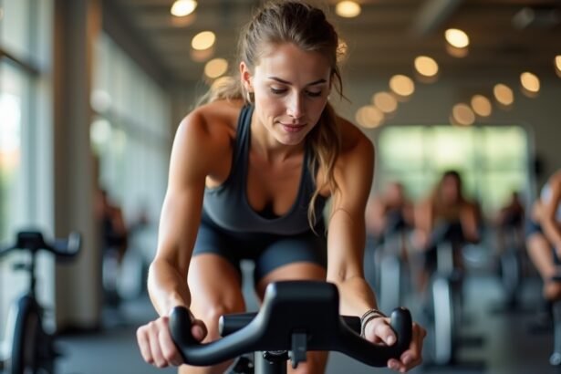 Nő spinning edzést végez a fitneszteremben