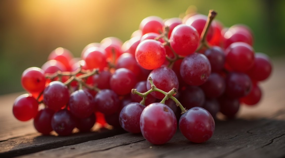 Friss vörös szőlő bogyók természetes háttér előtt, antioxidánsokkal.