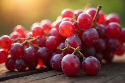 Friss vörös szőlő bogyók természetes háttér előtt, antioxidánsokkal.