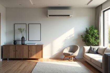 Modern fan-coil klíma beltéri egység egy tágas nappaliban